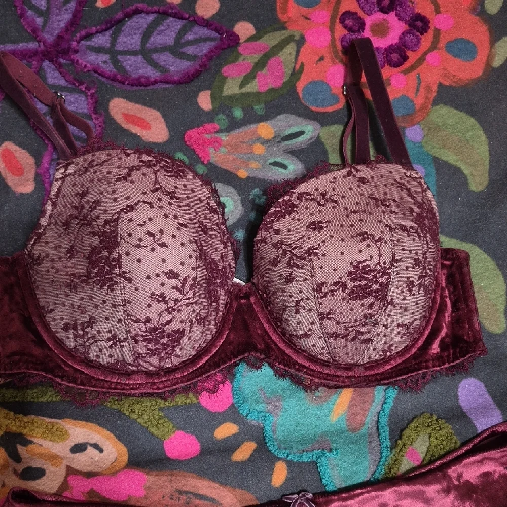 Victoria's Secret Velvet And Lace Bra And Thong Set in Deep Burgundy - Picture 2 of 12